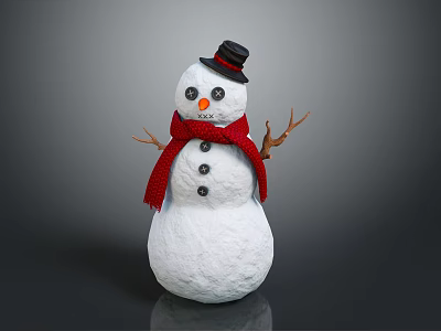 Snowman Decoration With White Body Black Top Hat Red Scarf And Stick Arms 3d model