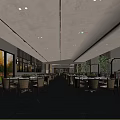Modern Restaurant Interior Featuring Spacious Dining Area Wooden Tables Large Windows And Green Plants