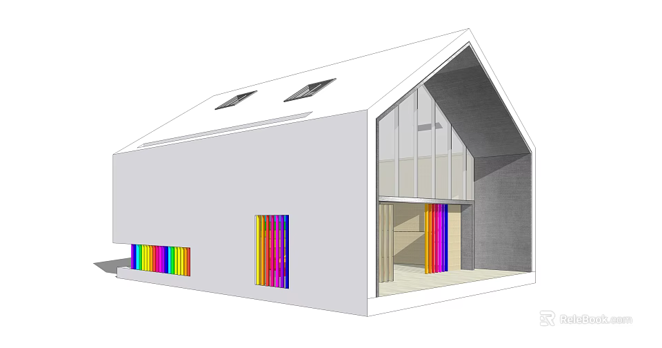 Modern White Building With Pitched Roof Skylights Glass Facade And Colorful Vertical Stripes 3d model 