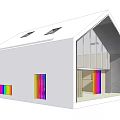 Modern White Building With Pitched Roof Skylights Glass Facade And Colorful Vertical Stripes