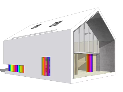 Modern White Building With Pitched Roof Skylights Glass Facade And Colorful Vertical Stripes 3d model