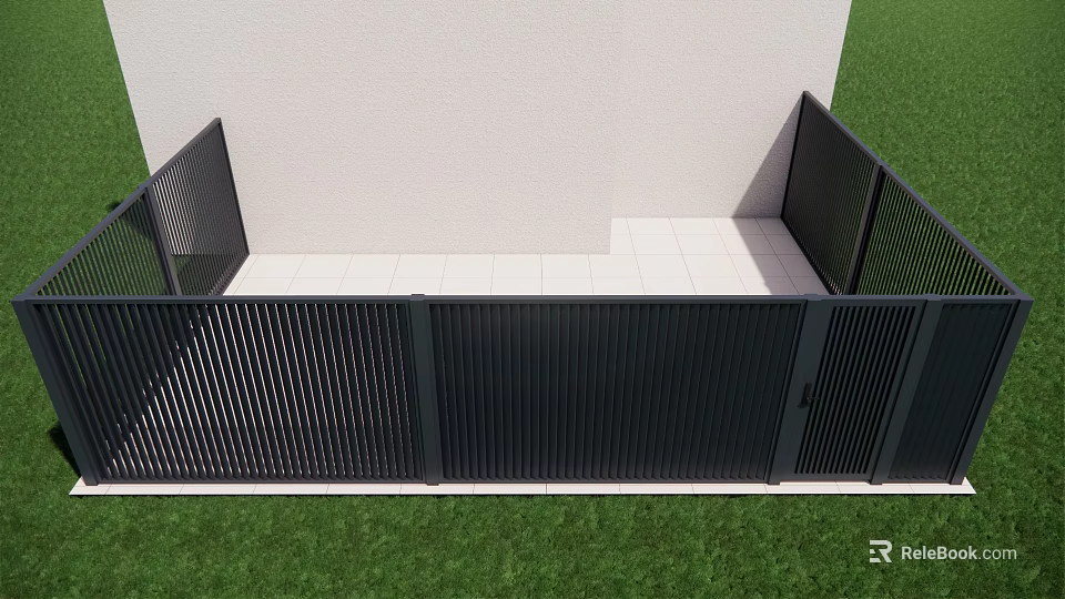 Modern Black Metal Fence Design for Outdoor Space with Green Grass and White Wall 3d model 