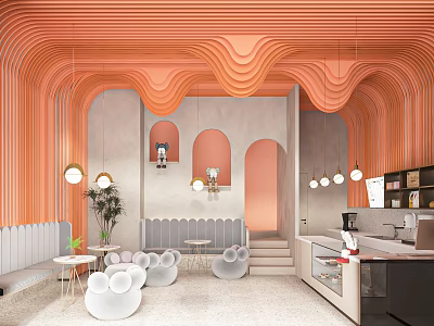 Modern Bubble Tea Shop With Orange Wavy Walls Cozy Seating And Bar Counter 3d model