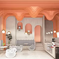 Modern Bubble Tea Shop With Orange Wavy Walls Cozy Seating And Bar Counter