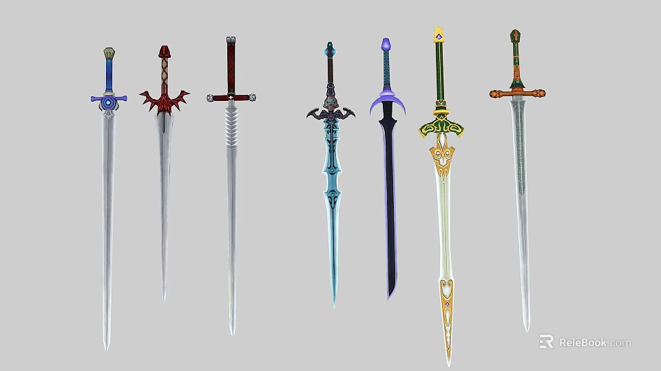 Weapons Collection of Various Decorative Swords with Unique Handle and Blade Designs 3d model 