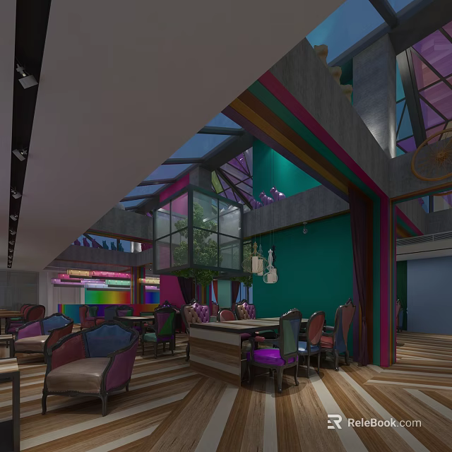 Vibrant Modern Restaurant Interior With Teal Walls Colorful Chairs And Glass Windows 3d model 