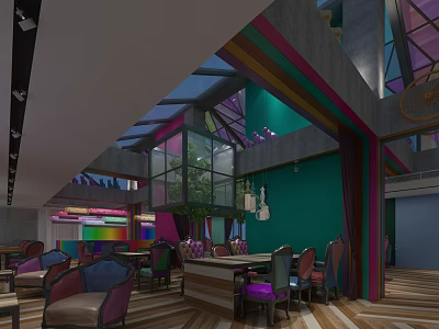 Vibrant Modern Restaurant Interior With Teal Walls Colorful Chairs And Glass Windows 3d model