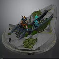 3D Rocky Terrain Scene With Stairs Character Green Plants Blue Structure And Round Base