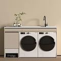 Modern Laundry Room With Double Washing Machines Countertop And Green Plants