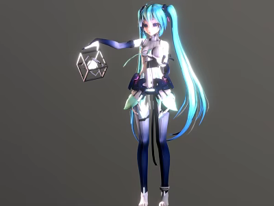 Anime Game Character With Turquoise Long Hair Twin Ponytails White Black Outfit Holding Lantern 3d model