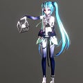 Anime Game Character With Turquoise Long Hair Twin Ponytails White Black Outfit Holding Lantern