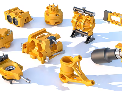 Yellow Industrial Equipment Components Displaying Mechanical Parts Pumps Gears And Connectors 3d model