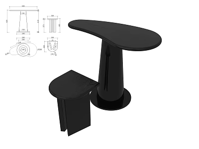 Modern Black Curved Table And Stool With Design Drawings And Sketches 3d model