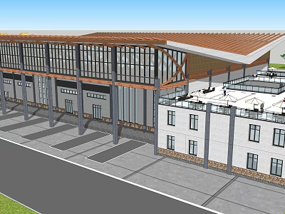 Modern Commercial Building With Glass Curtain Walls Brown Roof And Plaza Space 3d model