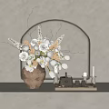 Natural Decorative Ornament Set With Rustic Vase Flower Arrangement Tea Set Candles And Tray