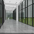 Spacious Modern Corridor With Large Glass Windows Gray Tiled Floor And Green Grass View 3d model