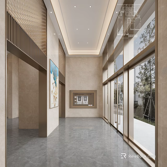 Modern Spacious Public Office Area With Glass Curtain Walls Marble Flooring And Art Paintings 3d model 