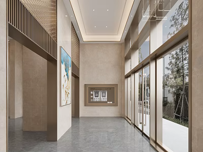 Modern Spacious Public Office Area With Glass Curtain Walls Marble Flooring And Art Paintings 3d model