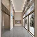 Modern Spacious Public Office Area With Glass Curtain Walls Marble Flooring And Art Paintings