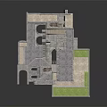 Cartoon Scene of Modern Gray Multi Level Architectural Model with Staircase and Green Grass Area