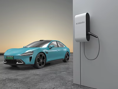 Xiaomi Charging Station With Light Blue Electric Car Connected For EV Charging 3d model