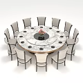 Modern Round Dining Table Set with Central Turntable and Eight Chairs and Floral Centerpiece