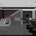 Modern Office Space Interior With Desk Computer Bookshelves Marble Counter Stools And Green Plant
