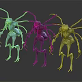 Colorful Alien Creature Characters in Blue Red Yellow with Long Limbs on Dark Background