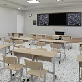 Spacious Classroom Interior With Desks Chairs Blackboards Clock And Ceiling Lights 3d model