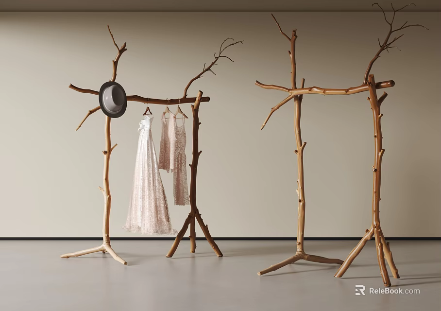 Natural Wooden Branch Coat Racks With Hanging Dress Hat And Clothing 3d model 