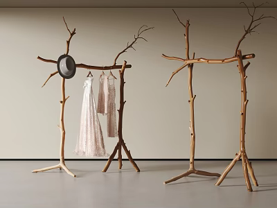 Natural Wooden Branch Coat Racks With Hanging Dress Hat And Clothing 3d model
