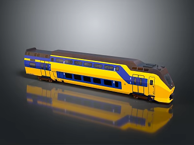 Yellow And Blue Train Model With Door Handle On Reflective Surface 3d model