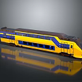 Yellow And Blue Train Model With Door Handle On Reflective Surface 3d model
