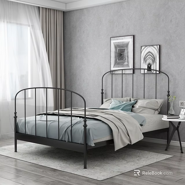 Double Bed Black Metal Curved Headboard Light Blue Bedding Gray Wall Decorative Paintings Window Curtains 3d model 