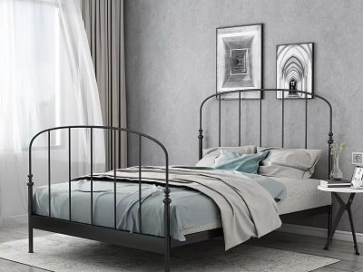 Double Bed Black Metal Curved Headboard Light Blue Bedding Gray Wall Decorative Paintings Window Curtains 3d model
