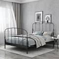 Double Bed Black Metal Curved Headboard Light Blue Bedding Gray Wall Decorative Paintings Window Curtains