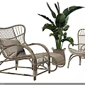 Two Natural Wicker Outdoor Chairs with Large Green Plant and Woven Planter