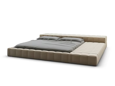 Modern Beige Upholstered Double Bed With Tufted Platform Design And Gray Mattress 3d model