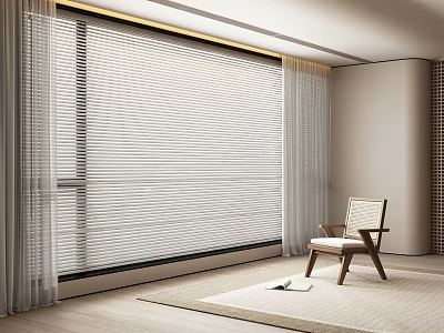 White Venetian Blinds On Large Window With Sheer Curtains And Wooden Chair In Modern Room 3d model