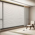 White Venetian Blinds On Large Window With Sheer Curtains And Wooden Chair In Modern Room