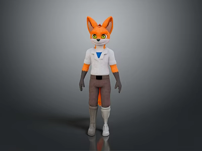 Anthropomorphic Fox Character 3D Model With White Shirt Blue Tie Mask Grey Pants And Gloves 3d model