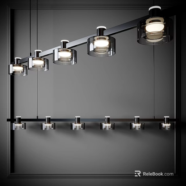 Sleek Contemporary Chandelier Design With Multiple Illuminated Glass Shades And Black Metal Frame 3d model 