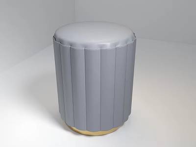 Gray Upholstered Stool With Vertical Stripe Design And Golden Base 3d model