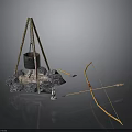 Primitive Tripod Cooking Scene With Hanging Pot Stones And Bow Arrow