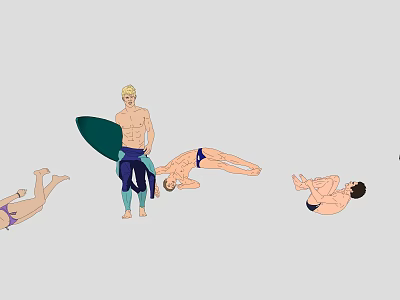 Multiple people relaxing on beach with surfboard and various resting poses 3d model
