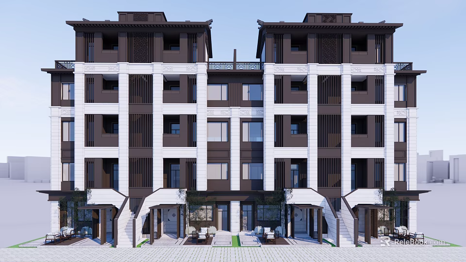 Chinese Style Semi-detached Villa With Modern Black And White Facade And Symmetrical Balconies 3d model 