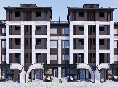 Chinese Style Semi-detached Villa With Modern Black And White Facade And Symmetrical Balconies 3d model