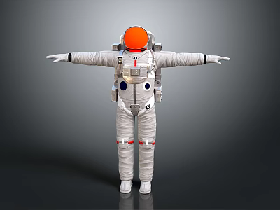 Man in White Astronaut Spacesuit With Orange Helmet Arms Outstretched Against Gray Background 3d model