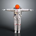 Man in White Astronaut Spacesuit With Orange Helmet Arms Outstretched Against Gray Background