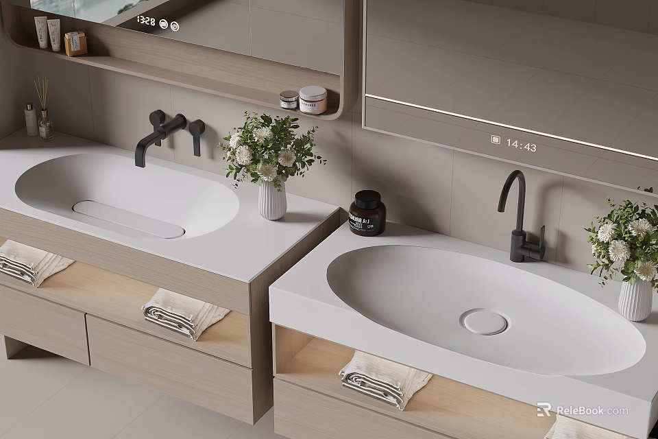 Modern Double Basin Washbasin Vanity With Wooden Cabinet White Countertop Black Faucet And Mirror 3d model 